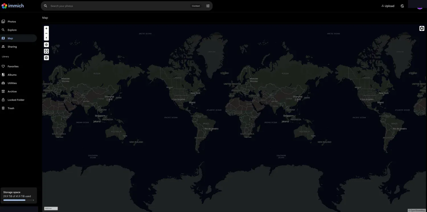 Immich map view showing where photos were taken across the world