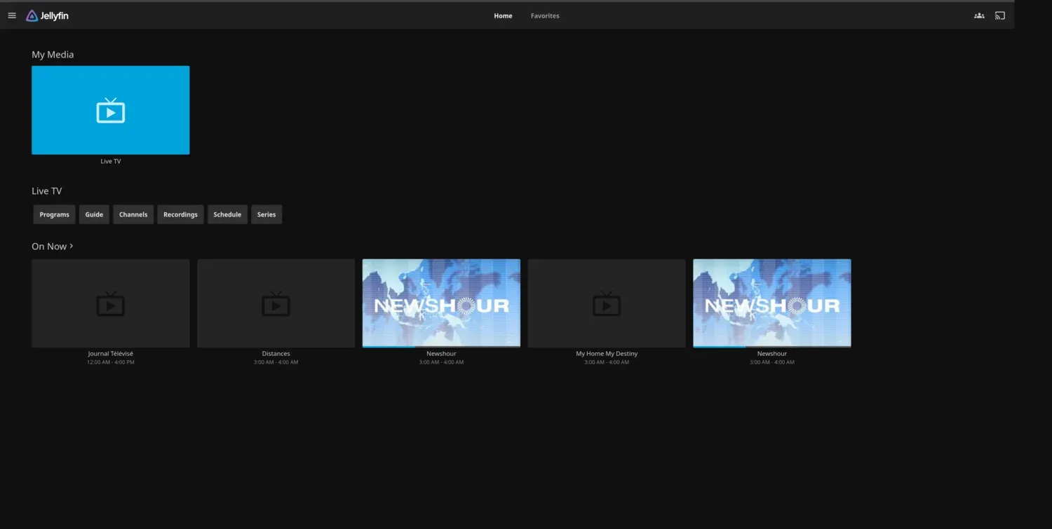 Jellyfin home screen showing the media library and Live TV